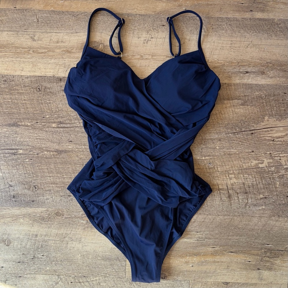 Gottex Navy Bkue Faux Wrap One Piece Swimsuit Beach Vacation Resortwear
